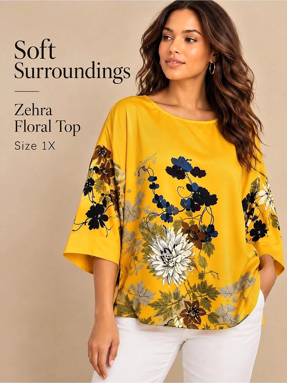 Soft Surroundings Zehra Floral Satin Top Yellow 1X
